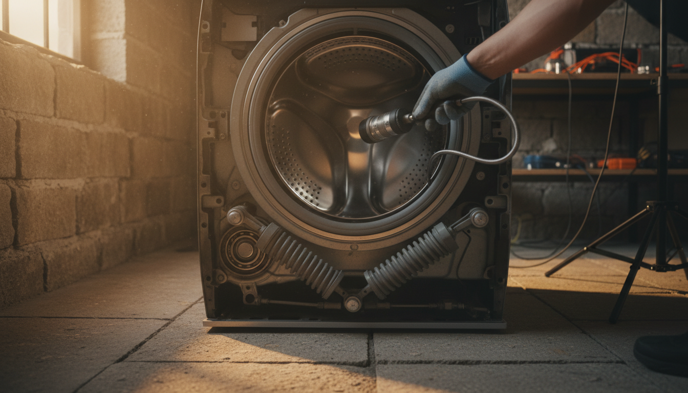 découvrez comment diagnostiquer le bruit de marteau-piqueur de votre machine à laver en identifiant si la cause vient des amortisseurs ou des roulements.